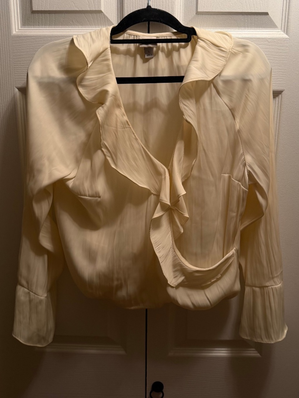 A New Day Ivory Satin Ruffle Blouse with Flared Sleeves – Large